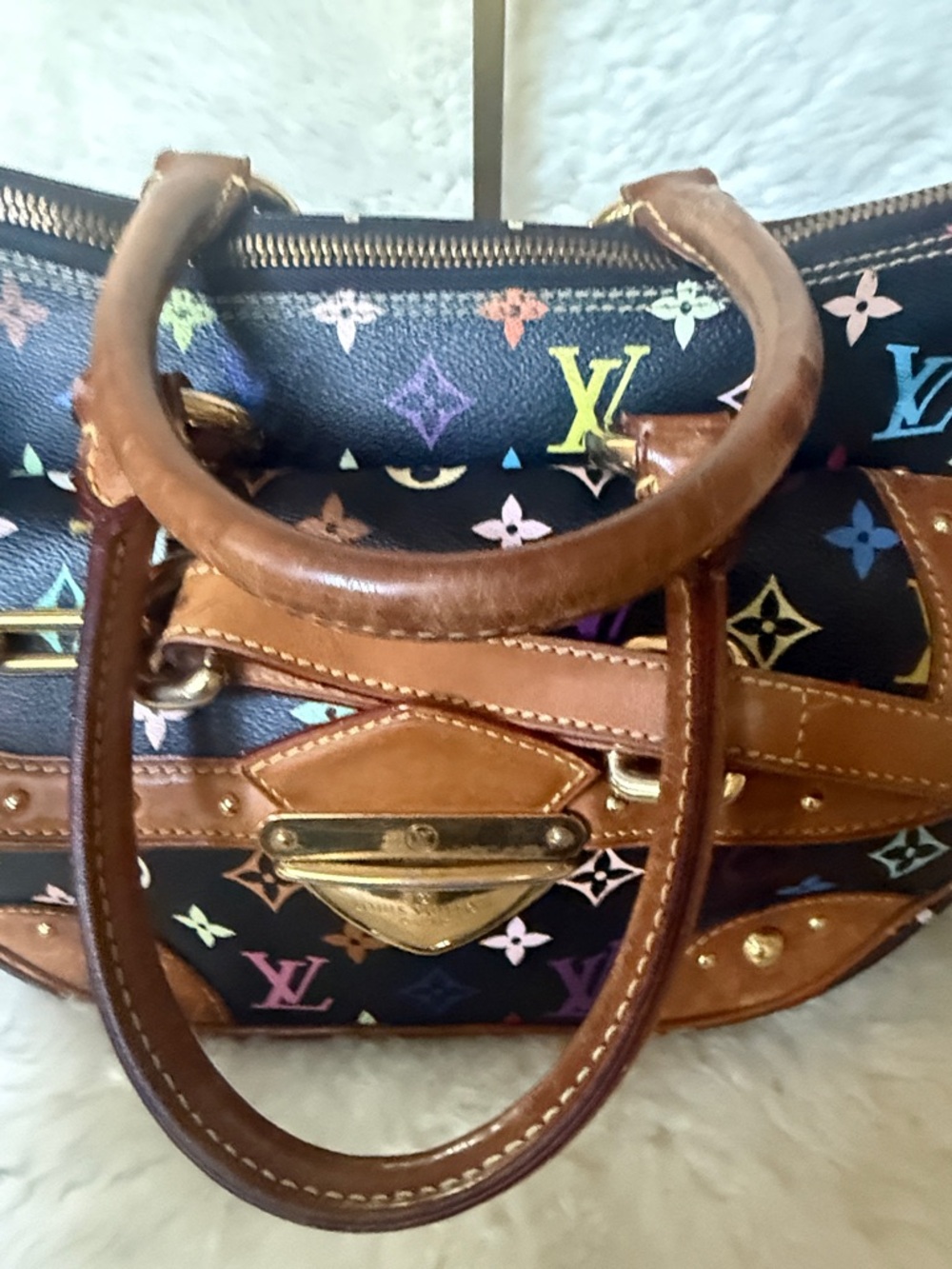 Louis Vuitton Black Multicolor Monogram Murakami Satchel with Brown Leather Rita - Picture 6 of 9